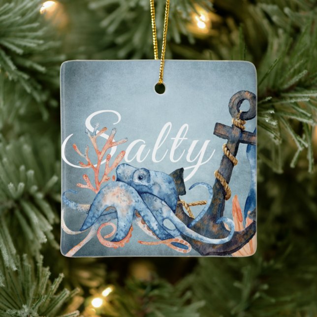 Personalised Salty Octopus, Anchor Beach Christmas Ceramic Ornament (Tree)