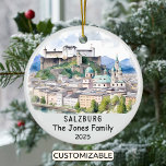 Personalised Salzburg Ornament, Austria Ceramic Tree Decoration<br><div class="desc">A Personalised Travel Souvenir Ornament designed to celebrate your unforgettable trip. Whether you went for work, enjoyed a romantic getaway, or took part in a school exchange program, this ornament commemorates a special moment you’ll always cherish and want to remember for years to come. Celebrate the year you travelled, whether...</div>