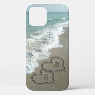 Personalised Sand Hearts on the Beach Romantic iPhone 12 Case