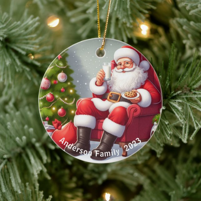 Personalised Santa Claus eating cookies Christmas Ceramic Tree Decoration (Tree)
