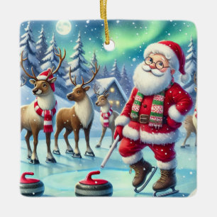 Personalised Santa Curling With His Reindeer Ceramic Ornament