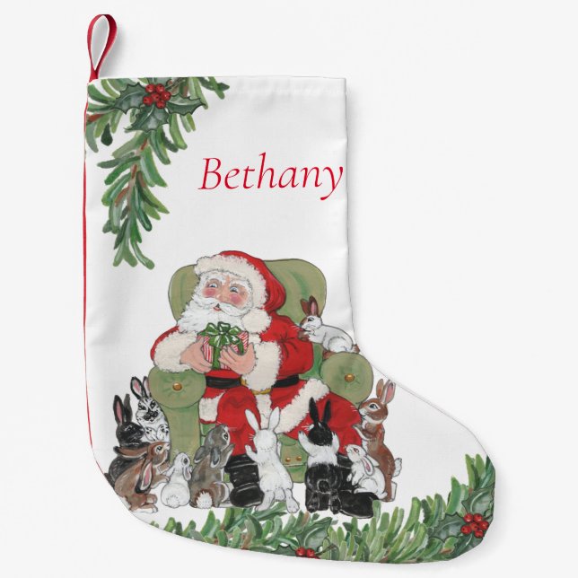 Personalised Santa & Cute Bunny Rabbits Christmas Small Christmas Stocking (Front)