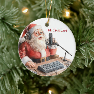 Personalised Santa Doing a Podcast Ceramic Tree Decoration