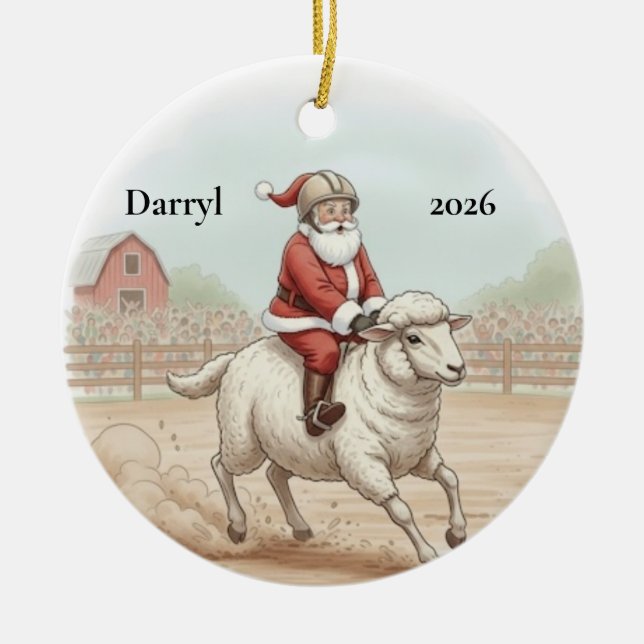 Personalised  Santa Doing Mutton Busting Ceramic Tree Decoration (Front)