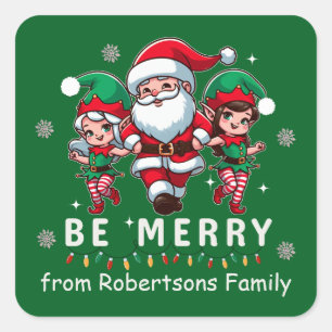 Personalised Santa & Elves Line Dancing Christmas Square Sticker