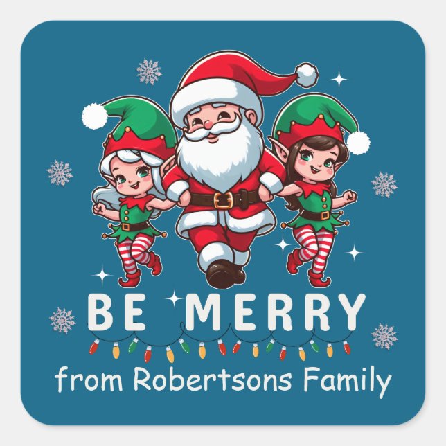 Personalised Santa & Elves Line Dancing Christmas  Square Sticker (Front)