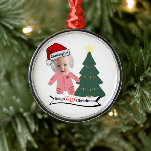 Personalised Santa Hat Baby’s First Christmas Phot Metal Tree Decoration