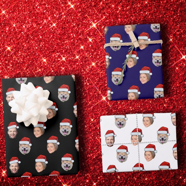 Personalised Santa Hat Face 3 Photo Christmas Gift Wrapping Paper Sheet (Creator Uploaded)