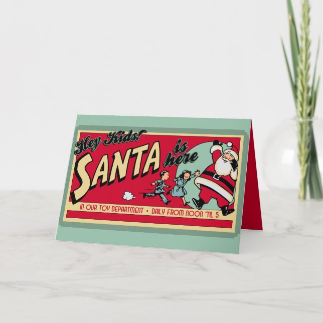Personalised Santa is Here Retro Christmas Cards (Front)