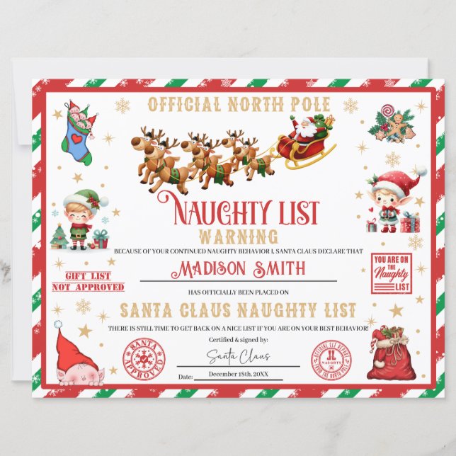 Personalised Santa Naughty List Warning Certificat (Front)