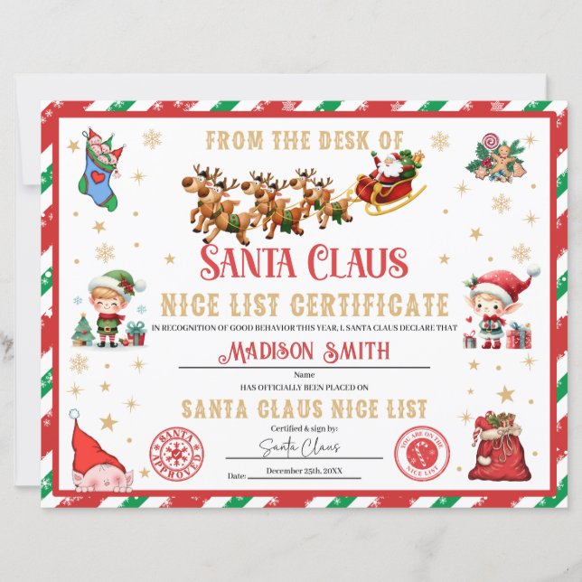 Personalised Santa Official Nice List Certificate (Front)