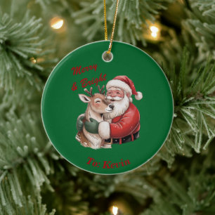 Personalised Santa & Reindeer Hug Christmas Ceramic Tree Decoration