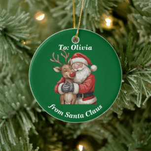 Personalised Santa & Reindeer Hug Christmas Ceramic Tree Decoration