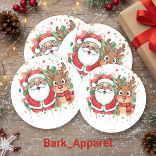Personalised Santa & Reindeer Watercolor Christmas Classic Round Sticker