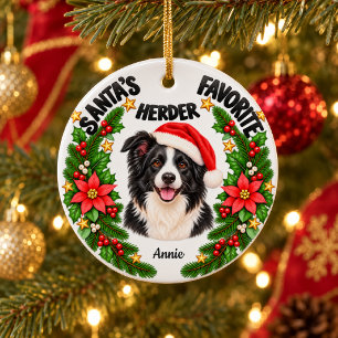 Personalised Santa’s Favourite Herder Border Colli Ceramic Tree Decoration
