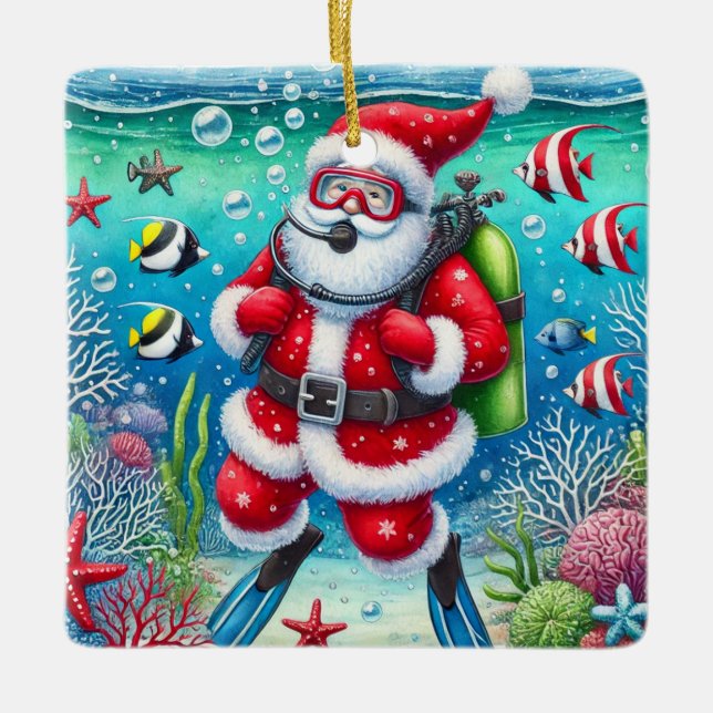 Personalised Santa Scuba Diving Christmas Ceramic Ornament (Front)