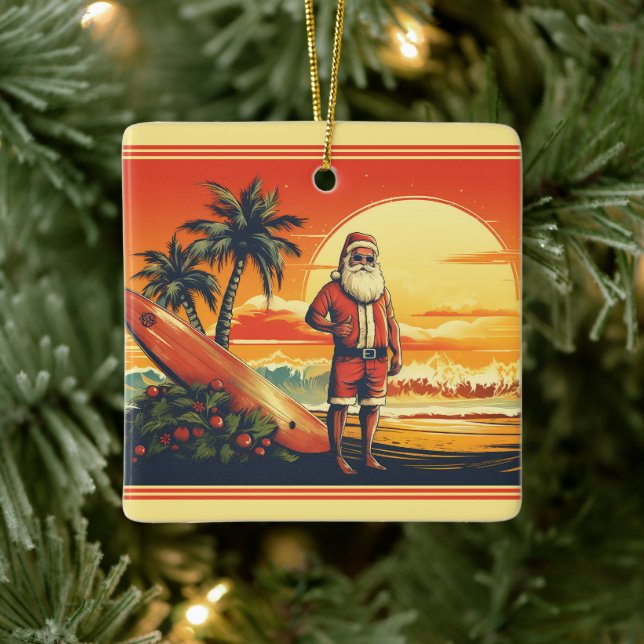Personalised Santa Surfing Retro Beach Christmas Ceramic Ornament (Tree)