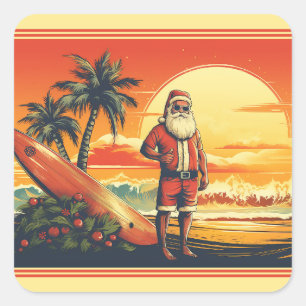Personalised Santa Surfing Retro Beach Christmas Square Sticker