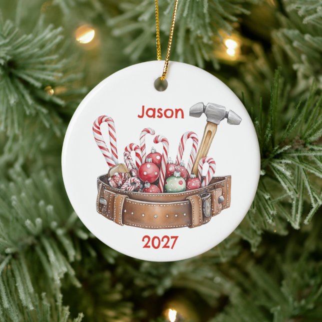 Personalised Santa's Christmas Tool Belt Ceramic Tree Decoration (Tree)