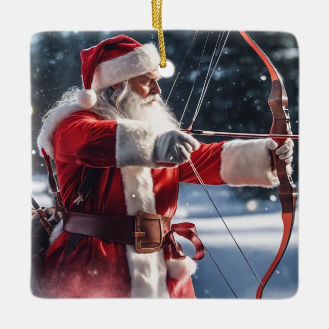 Personalised Santa's Doing Archery Ceramic Ornament (Front)