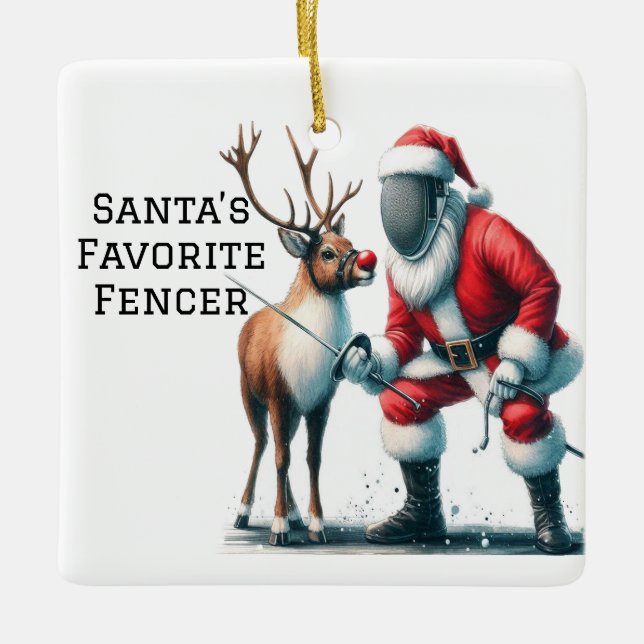 Personalised Santa's Favourite Fencer Ceramic Ornament (Front)