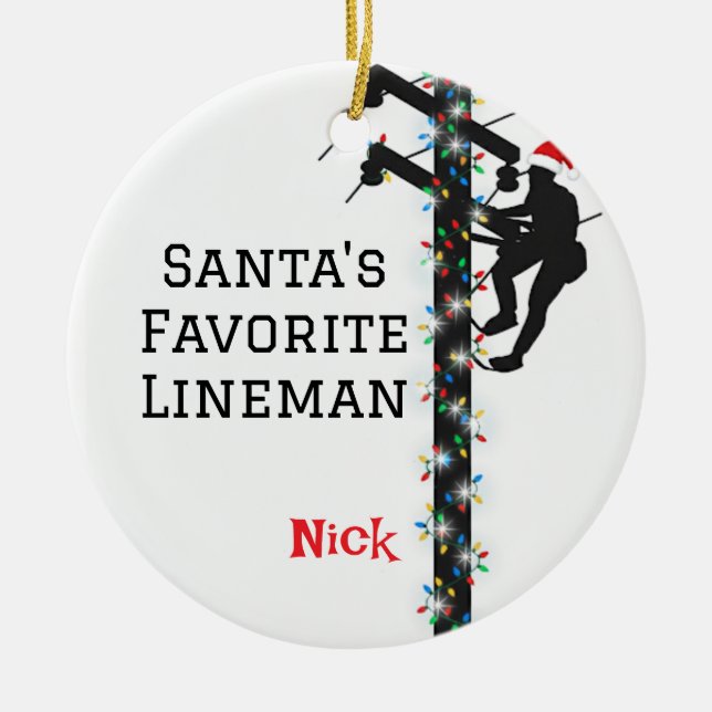 Personalised Santa's Favourite Lineman  Ceramic Tree Decoration (Front)