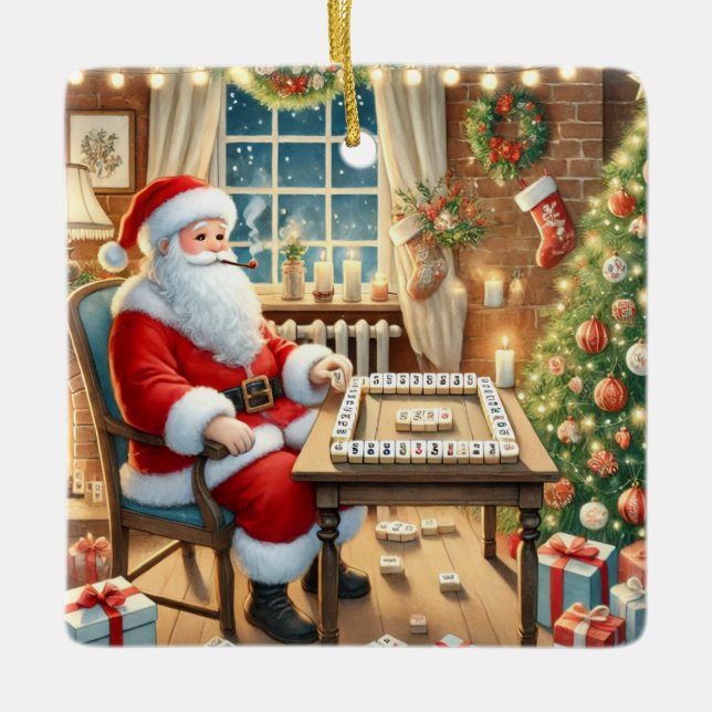 Personalised Santa's Favourite Mahjong Player  Ceramic Ornament (Front)