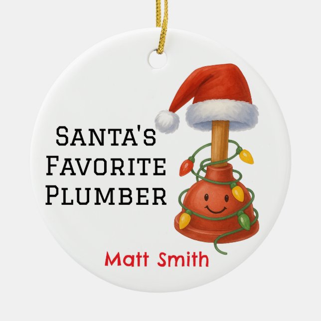 Personalised Santa's Favourite Plumber Ceramic Tree Decoration (Front)