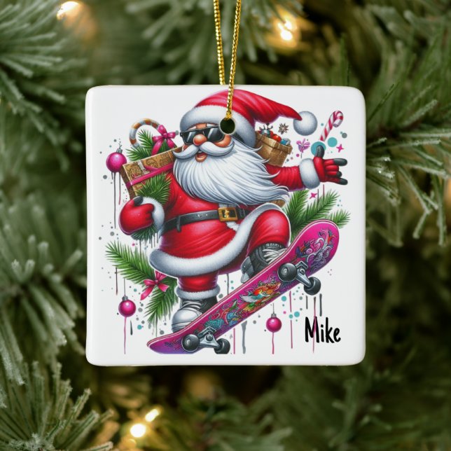 Personalised Santa's Favourite Skateboarder Ceramic Ornament (Tree)