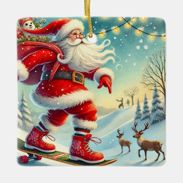 Personalised Santa's Favourite Skateboarder Ceramic Ornament (Front)