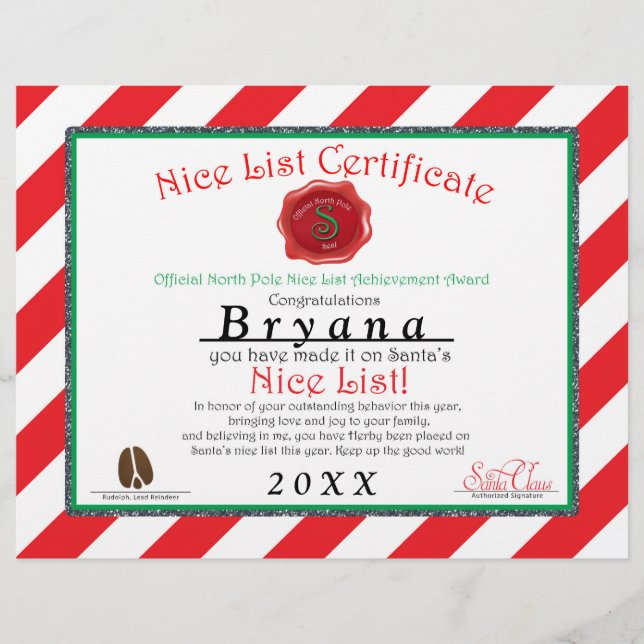 Personalised Santa's NICE LIST CERTIFICATE Flyer (Front)