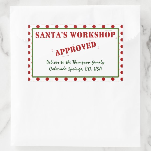 Personalised Santa's Workshop Approved & Inspected Rectangular Sticker (Bag)