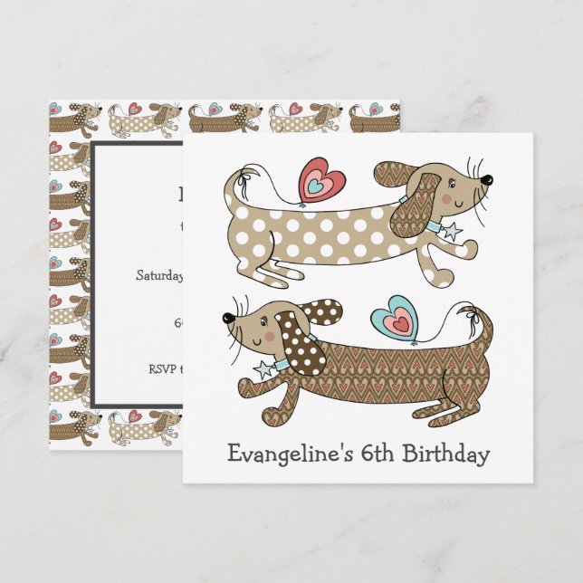 Personalised Sausage Dog Dachshund Birthday Invite (Front/Back)