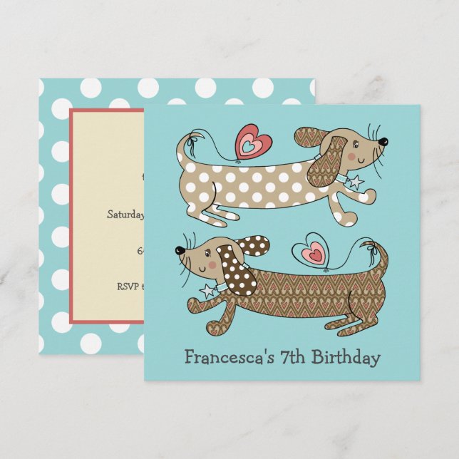 Personalised Sausage Dog Dachshund Birthday Invite (Front/Back)