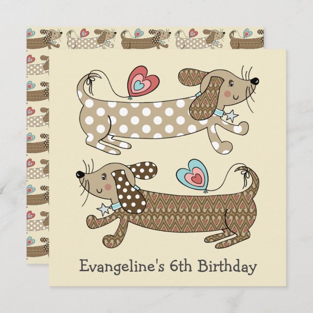 Personalised Sausage Dog Dachshund Birthday Invite (Front/Back)