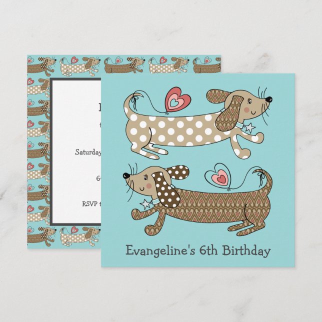 Personalised Sausage Dog Dachshund Birthday Invite (Front/Back)