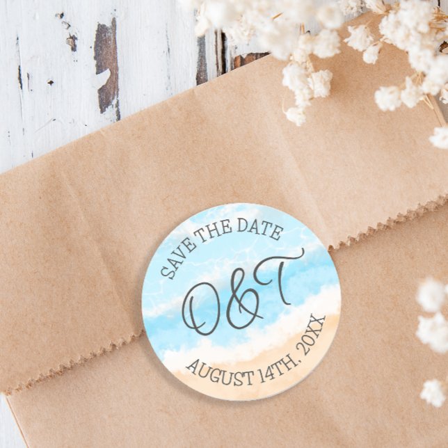 Personalised Save the Date Coastal Wedding Classic Round Sticker (Creator Uploaded)