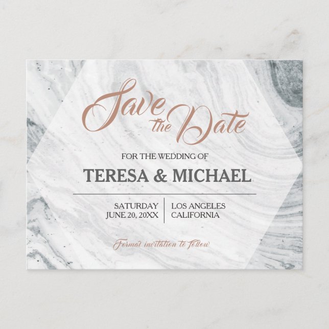 Personalised, Save The Date, Marble Wedding Announcement Postcard (Front)