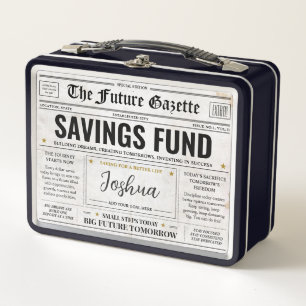 Personalised Savings Fund Box, Fun Money Newspaper Metal Lunch Box