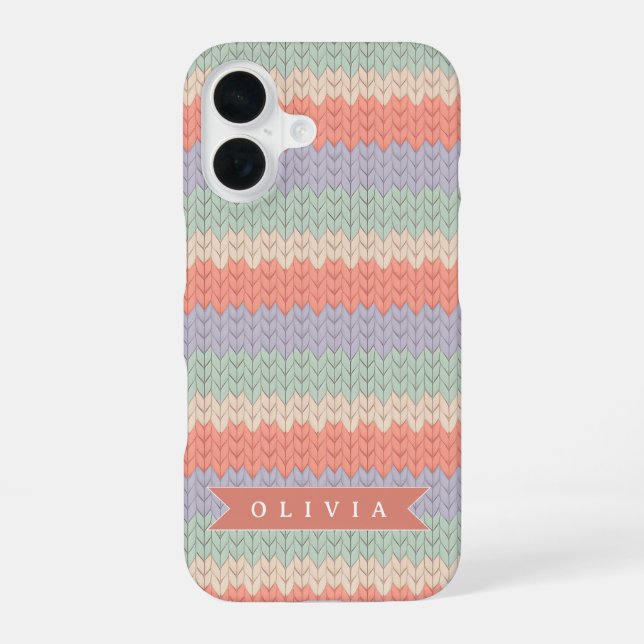 Personalised Scandinavian Pastel Knit Pattern Name iPhone 16 Case (Back)