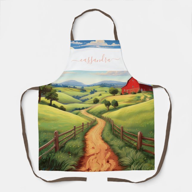 Personalised Scenic Farm Path Design with Name Apron (Front)