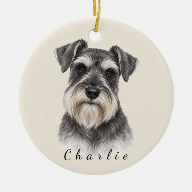 Personalised Schnauzer with Custom Name Ceramic Tree Decoration (Front)