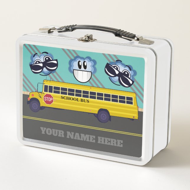 Personalised School Bus Happy Face Metal Lunchbox (Front)