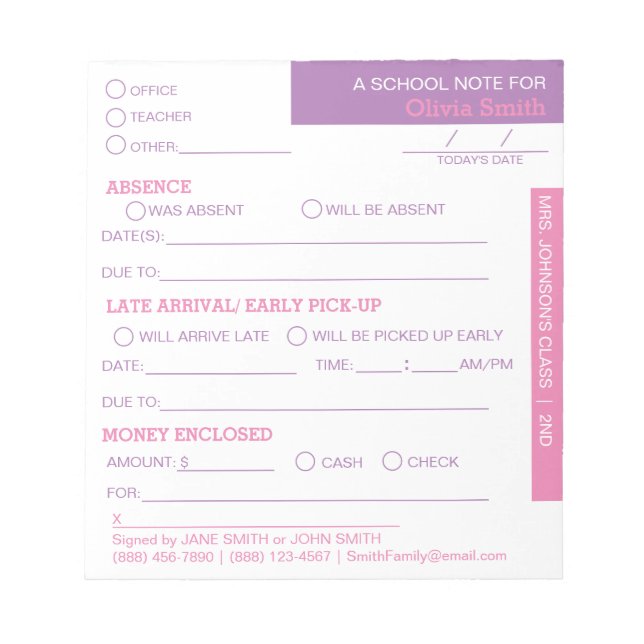 Personalised School Student Parent Notepad (Front)