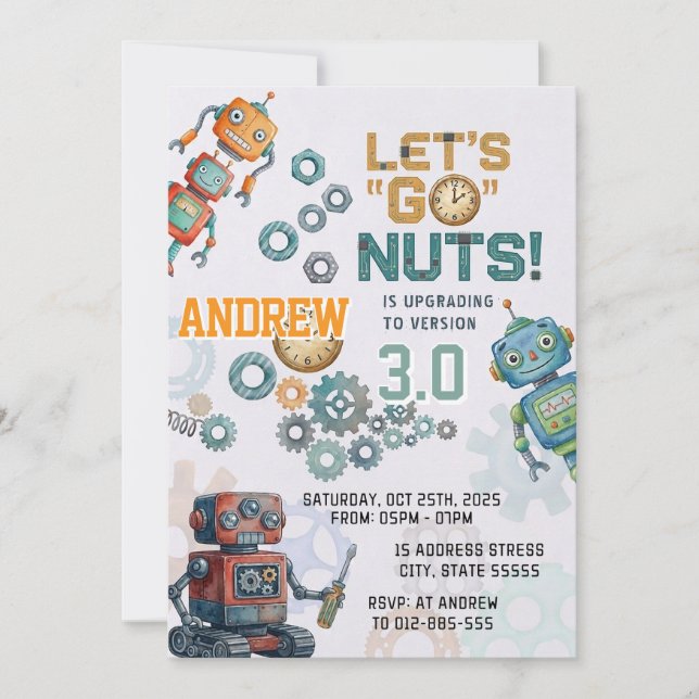 Personalised science robots birthday party invitation (Front)