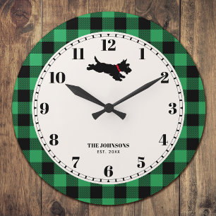 Personalised Scottie Dog Buffalo Check Green Large Clock