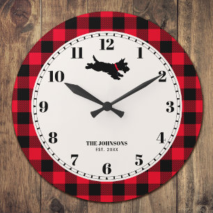 Personalised Scottie Dog Buffalo Plaid Red Large Clock