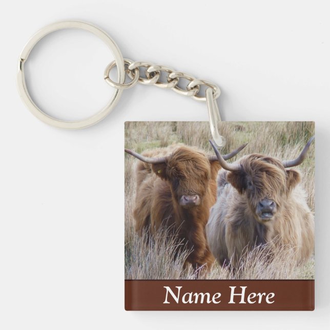 Personalised Scottish Highland Cows Key Ring (Front)