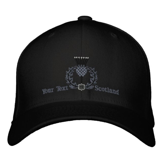 Personalised Scottish Thistle Scotland in Black Embroidered Hat (Front)
