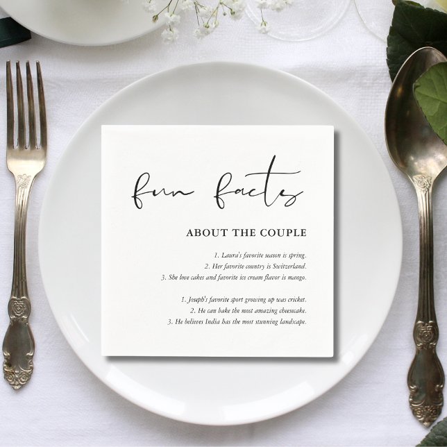 Personalised Script Black White Wedding Fun Facts Napkin (Creator Uploaded)